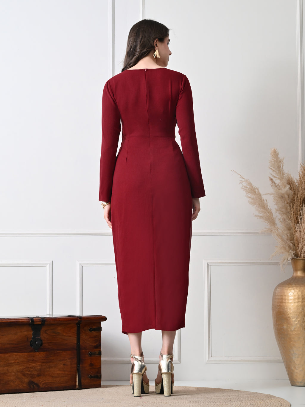 IKONIC KLAER Women Burgandy Solid Wrap Style Midi Dress with Metal Buckle Detail
