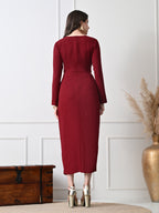 IKONIC KLAER Women Burgandy Solid Wrap Style Midi Dress with Metal Buckle Detail