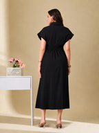 Women Black Solid Shirt Collar Fit & Flare Midi Dress