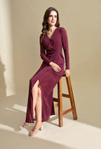 Ikonic Klaer Women Wine Shimmer V-Neck Draped Party Maxi Dress