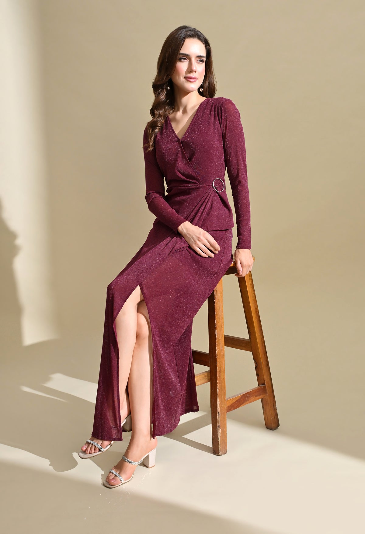 Ikonic Klaer Women Wine Shimmer V-Neck Draped Party Maxi Dress