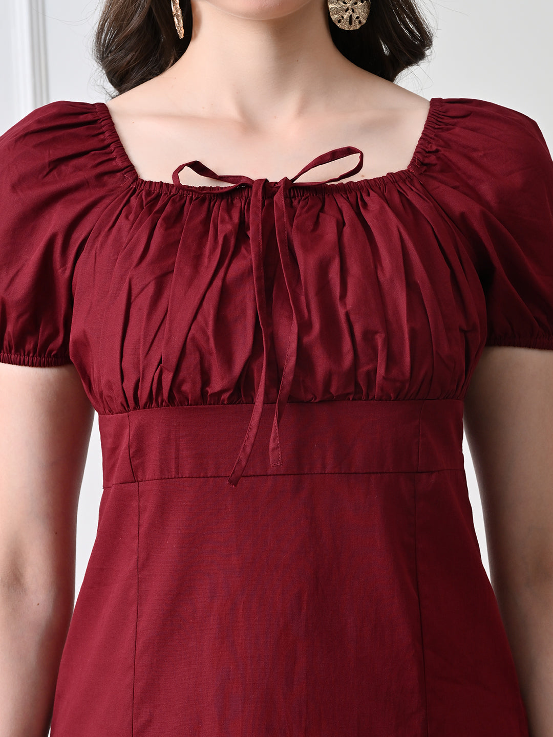 IKONIC KLAER Women Burgundy Solid Square Neck Puff Sleeve Midi Dress