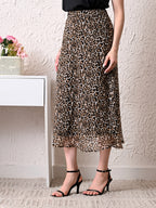 Women Brown & Black Animal Print A-Line Midi Skirt | Elasticated Waist | Flared Casual Skirt