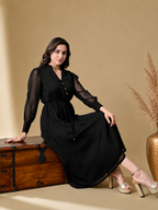 Women Black Solid V-Neck Tie-Up Waist Fit & Flare Midi Dress