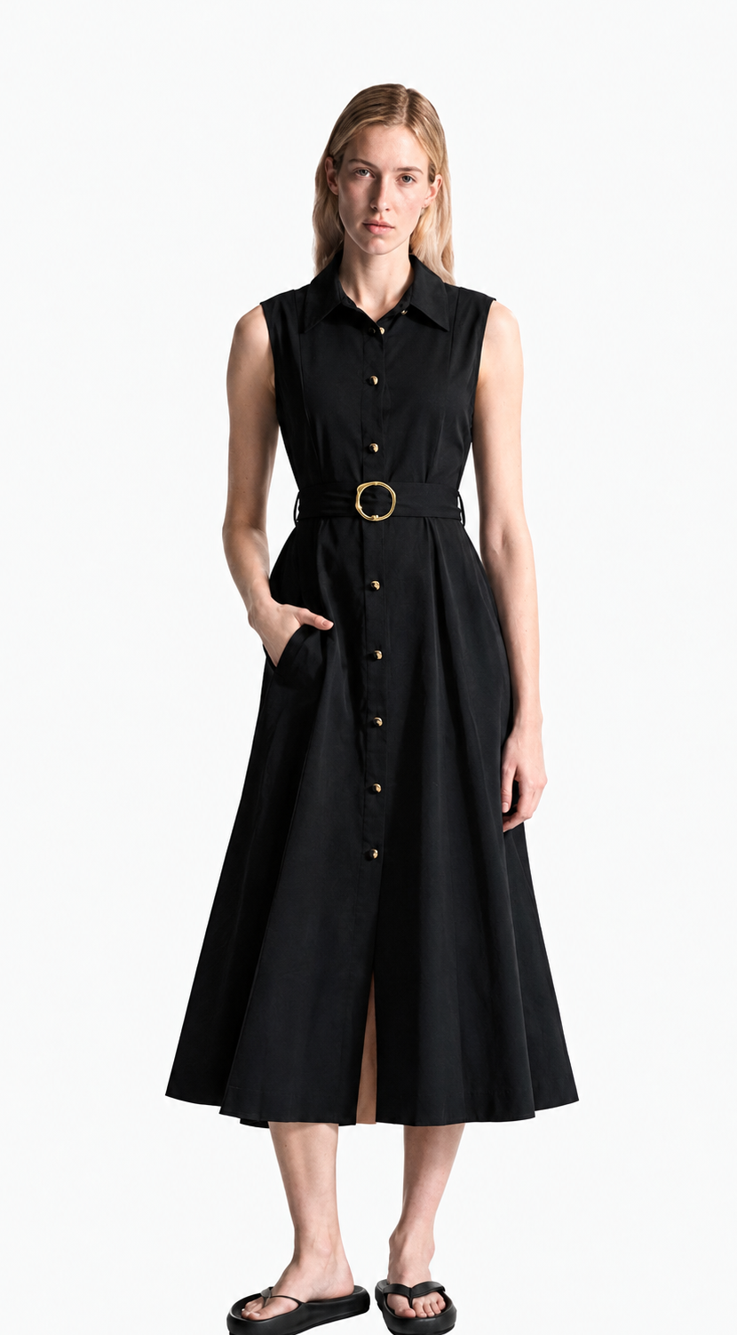 Women Black Solid Shirt Collar Belted Fit & Flare Midi Dress