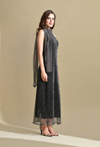 Women Black Metallic Halter Neck Pleated Maxi Dress