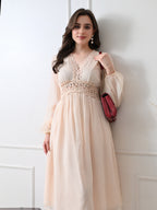 Women's Cream Self Design Lace Detail V-Neck Empire Midi Dress