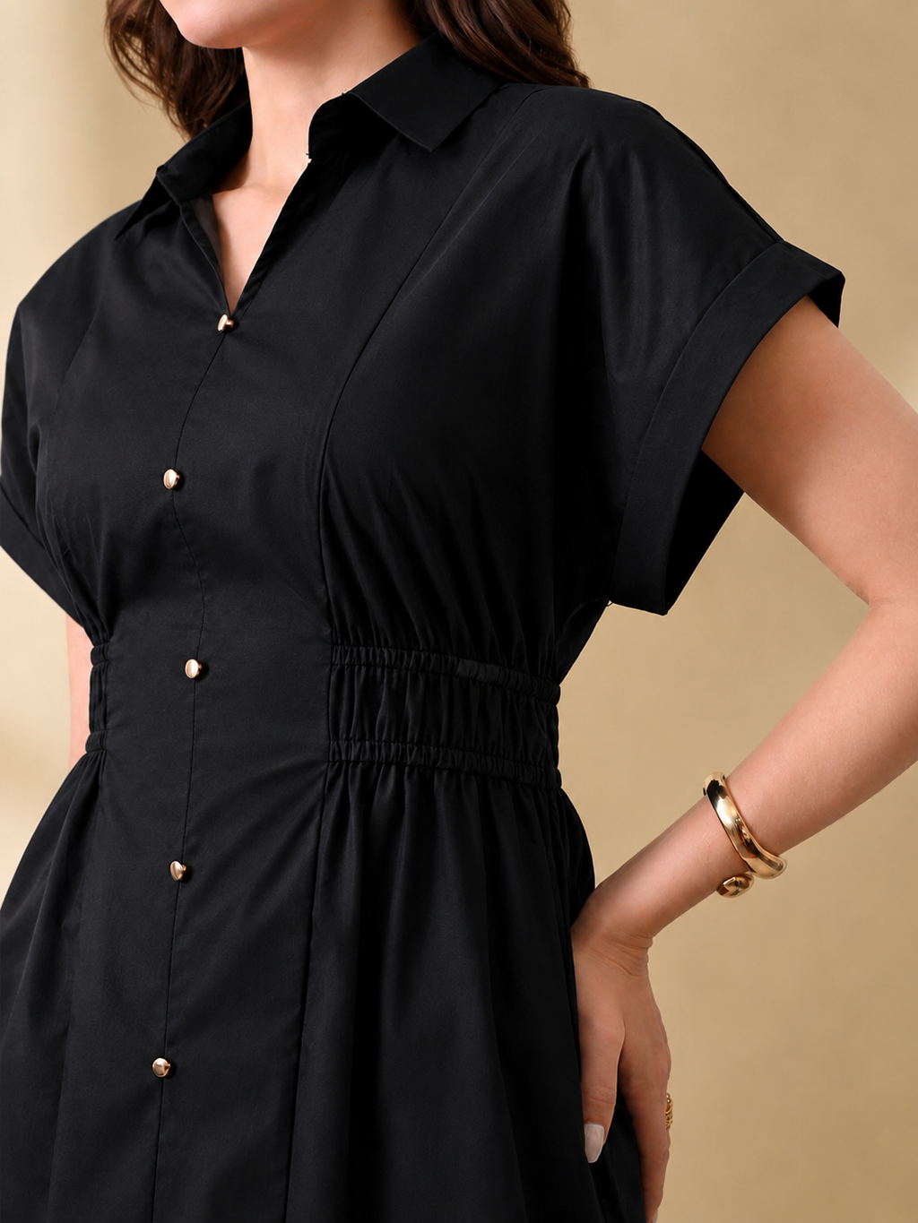 Women Black Solid Shirt Collar Fit & Flare Midi Dress