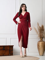 IKONIC KLAER Women Burgandy Solid Wrap Style Midi Dress with Metal Buckle Detail