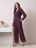 Women Solid Textured Shirt Collar Full Sleeve Wide Leg Jumpsuit