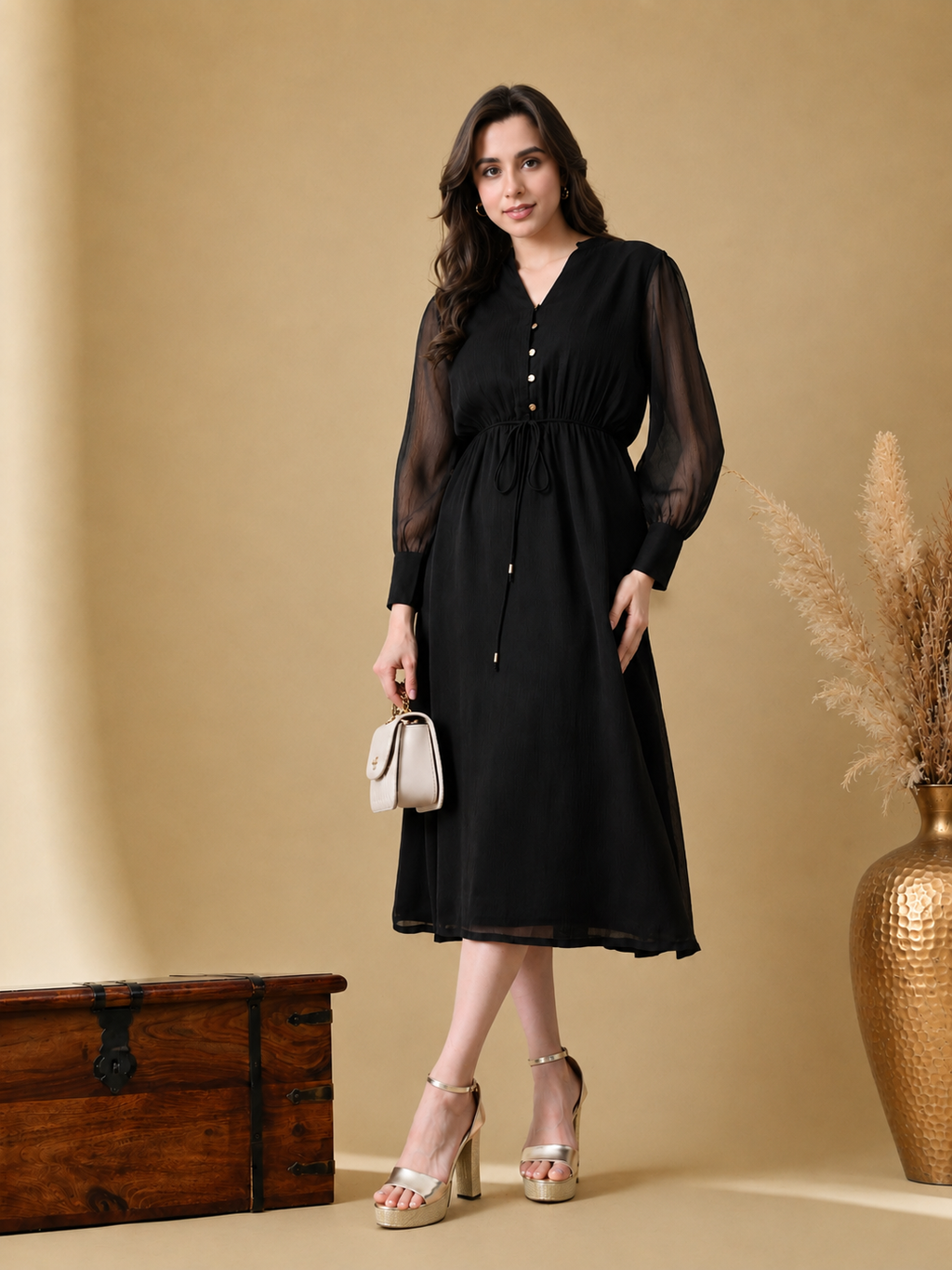Women Black Solid V-Neck Tie-Up Waist Fit & Flare Midi Dress