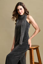 Women Black Metallic Halter Neck Pleated Maxi Dress