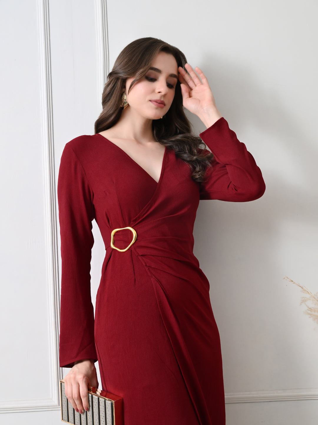 IKONIC KLAER Women Burgandy Solid Wrap Style Midi Dress with Metal Buckle Detail