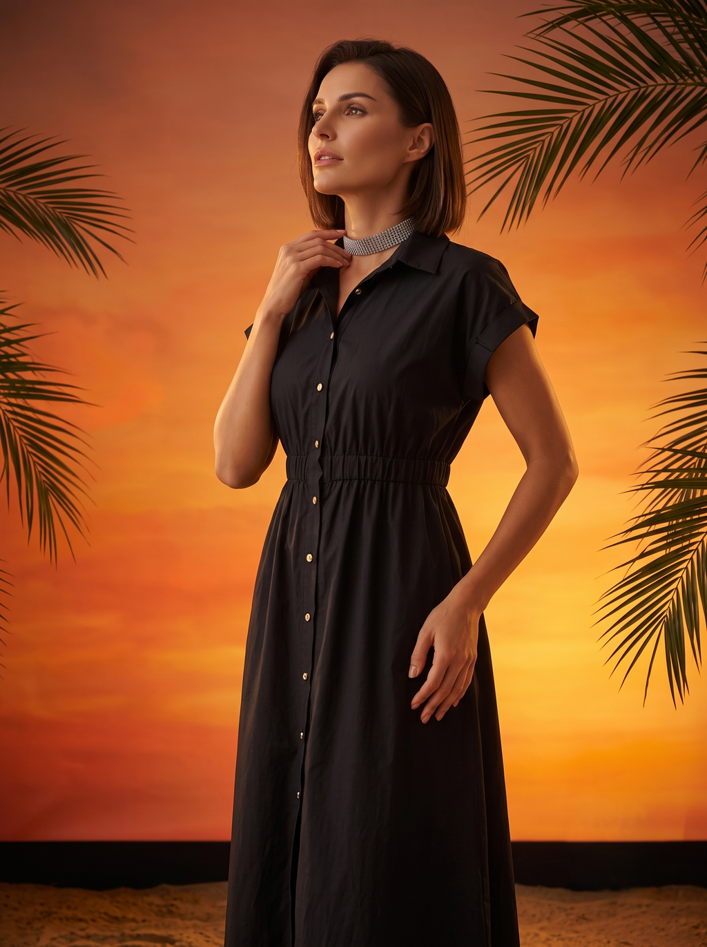 Women Black Solid Shirt Collar Fit & Flare Midi Dress