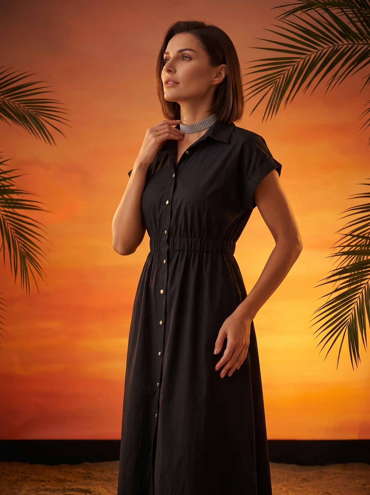 Women Black Solid Shirt Collar Fit & Flare Midi Dress