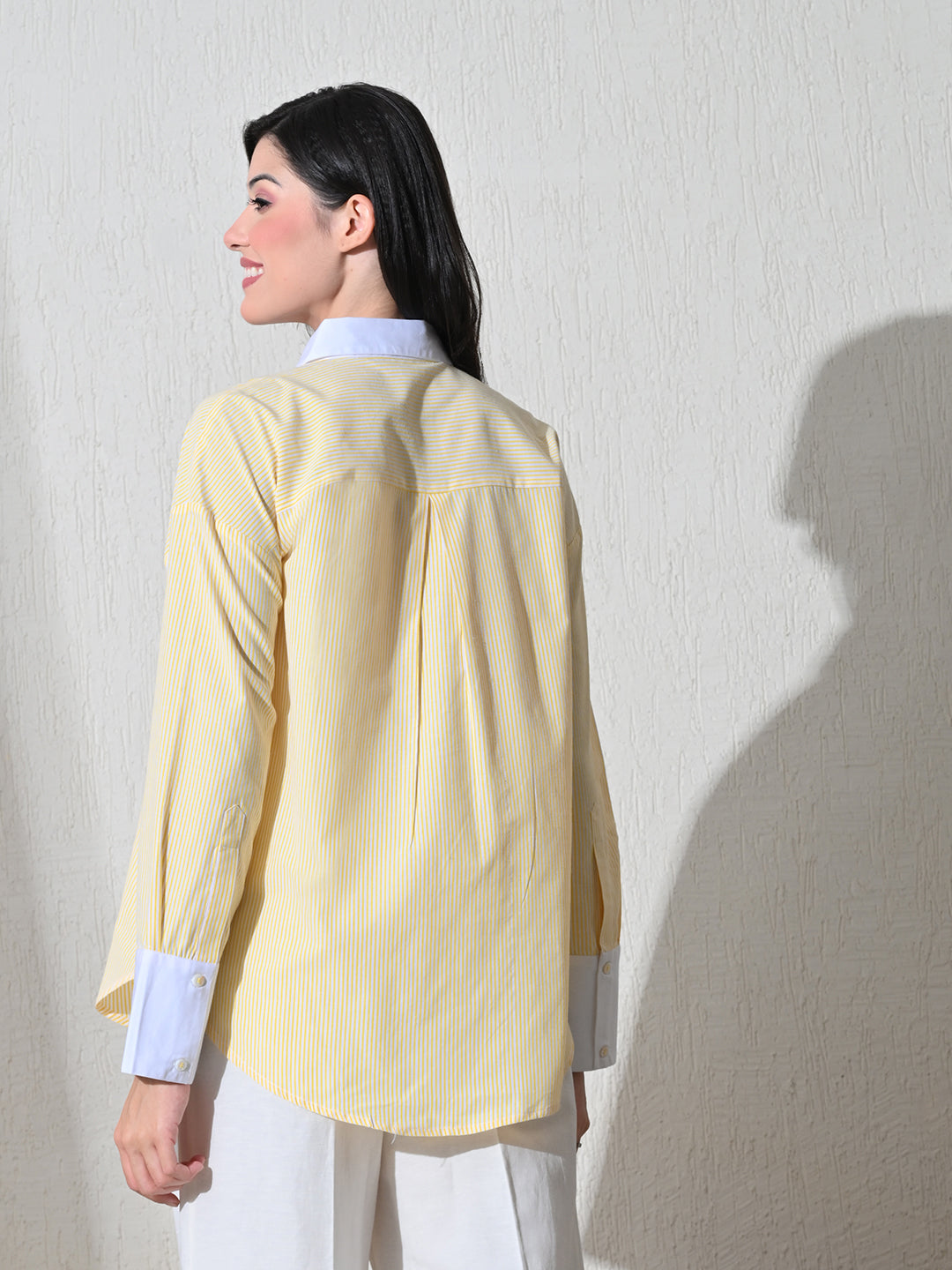 Yellow White Cotton Cutaway Collar Long Sleeves Roll-Up Sleeves Striped Shirts