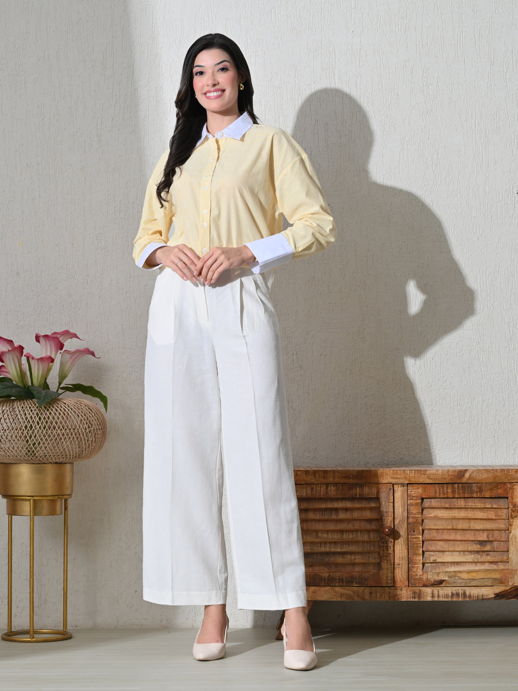 Yellow White Cotton Cutaway Collar Long Sleeves Roll-Up Sleeves Striped Shirts