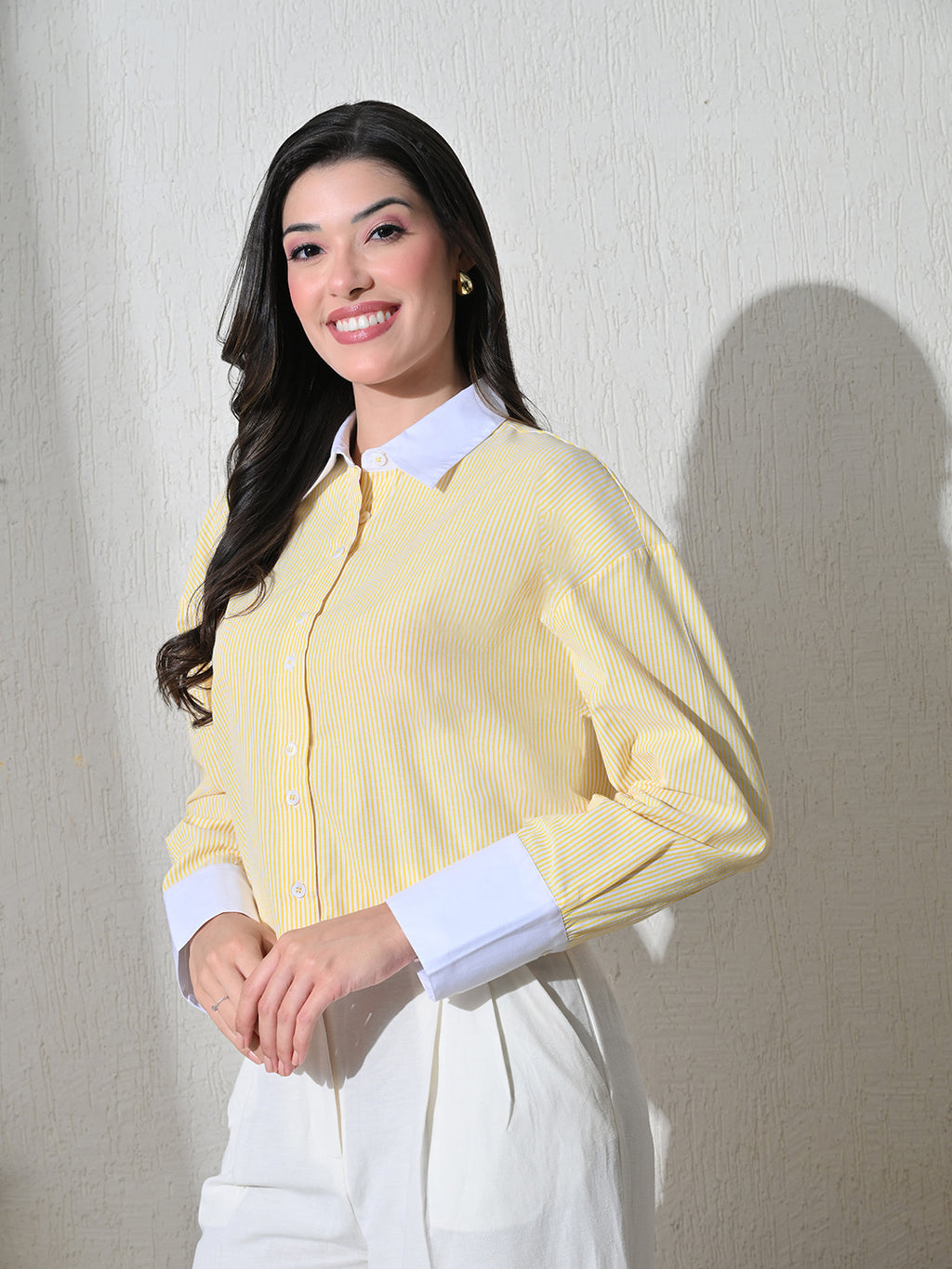 Yellow White Cotton Cutaway Collar Long Sleeves Roll-Up Sleeves Striped Shirts