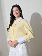 Yellow White Cotton Cutaway Collar Long Sleeves Roll-Up Sleeves Striped Shirts
