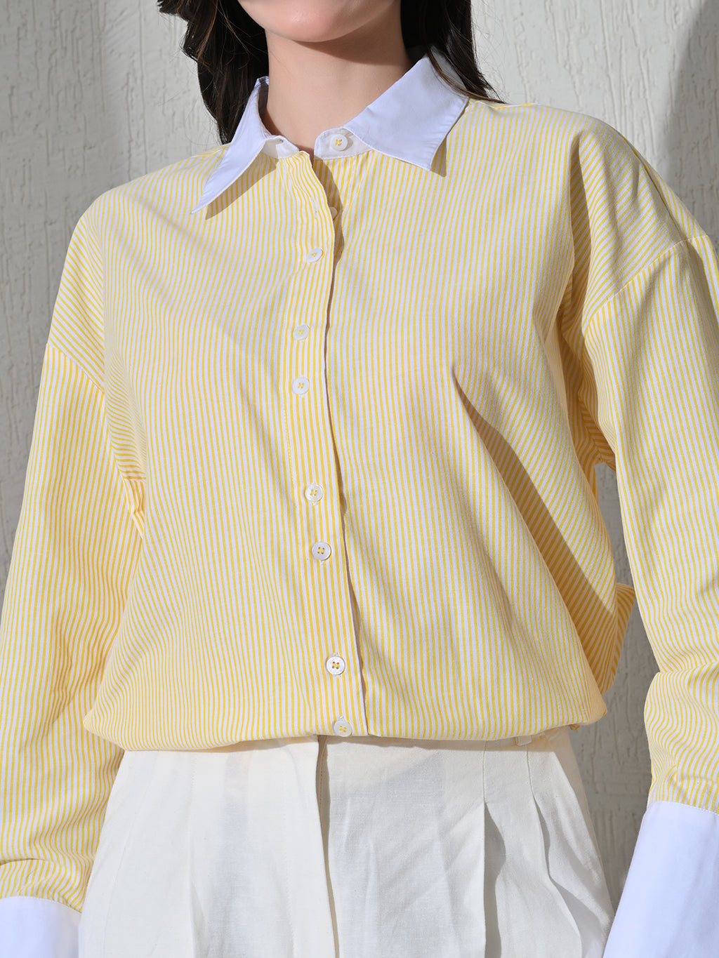 Yellow White Cotton Cutaway Collar Long Sleeves Roll-Up Sleeves Striped Shirts