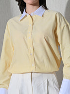Yellow White Cotton Cutaway Collar Long Sleeves Roll-Up Sleeves Striped Shirts