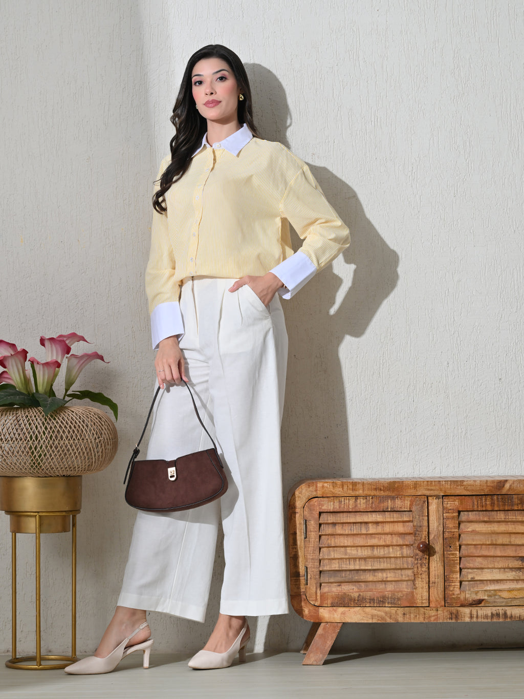 Yellow White Cotton Cutaway Collar Long Sleeves Roll-Up Sleeves Striped Shirts