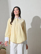 Yellow White Cotton Cutaway Collar Long Sleeves Roll-Up Sleeves Striped Shirts