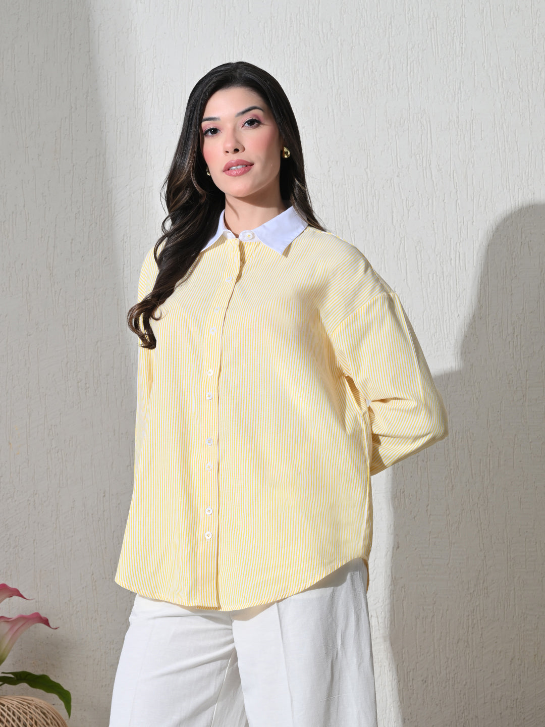 Yellow White Cotton Cutaway Collar Long Sleeves Roll-Up Sleeves Striped Shirts
