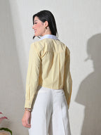 Yellow White Cotton Cutaway Collar Long Sleeves Roll-Up Sleeves Striped Shirts