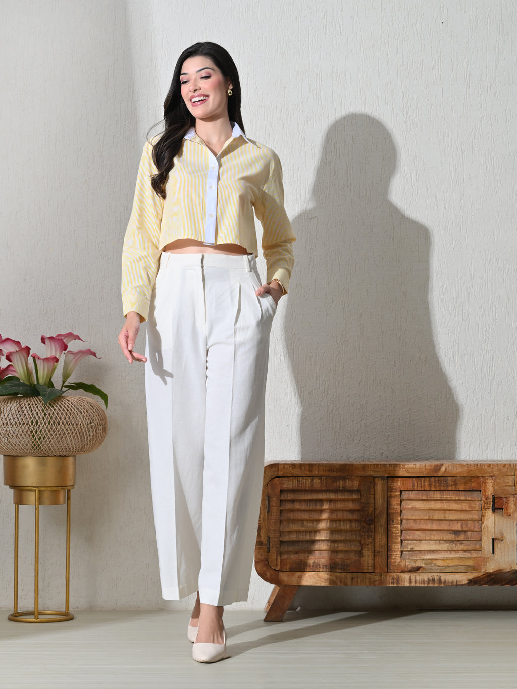 Yellow White Cotton Cutaway Collar Long Sleeves Roll-Up Sleeves Striped Shirts