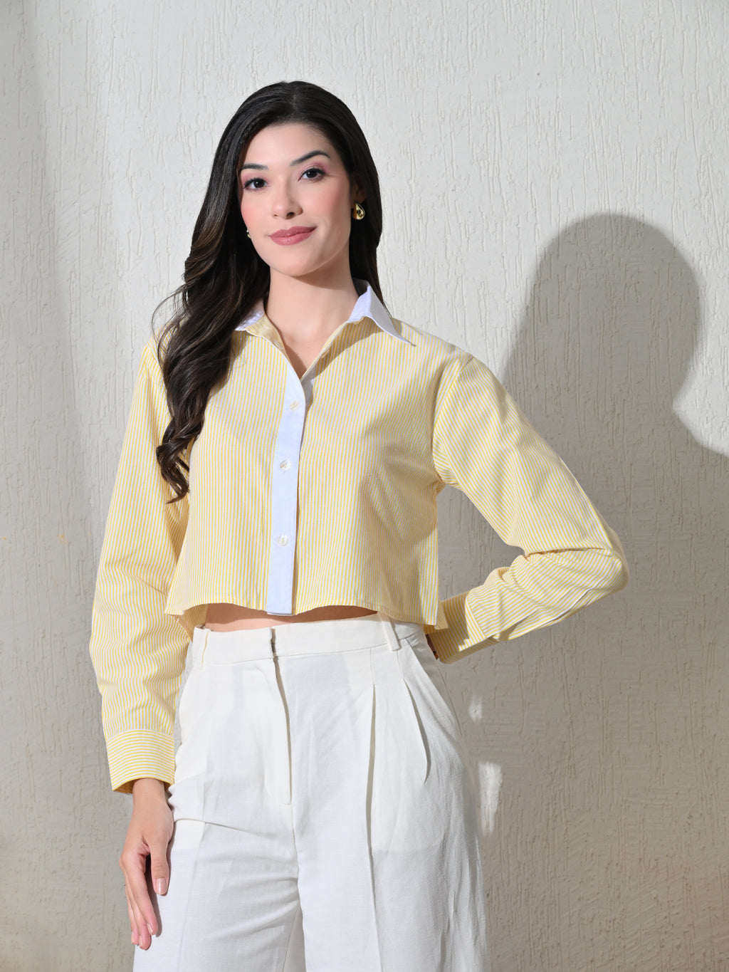Yellow White Cotton Cutaway Collar Long Sleeves Roll-Up Sleeves Striped Shirts