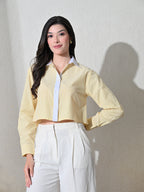 Yellow White Cotton Cutaway Collar Long Sleeves Roll-Up Sleeves Striped Shirts