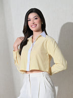 Yellow White Cotton Cutaway Collar Long Sleeves Roll-Up Sleeves Striped Shirts