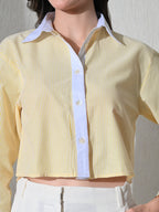 Yellow White Cotton Cutaway Collar Long Sleeves Roll-Up Sleeves Striped Shirts