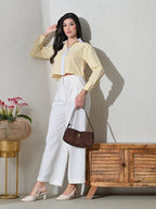 Yellow White Cotton Cutaway Collar Long Sleeves Roll-Up Sleeves Striped Shirts