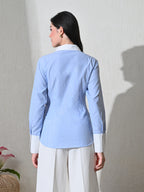 Blue White Cotton Cutaway Collar Long Sleeves Roll-Up Sleeves Striped Shirts