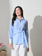 Blue White Cotton Cutaway Collar Long Sleeves Roll-Up Sleeves Striped Shirts