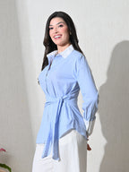 Blue White Cotton Cutaway Collar Long Sleeves Roll-Up Sleeves Striped Shirts