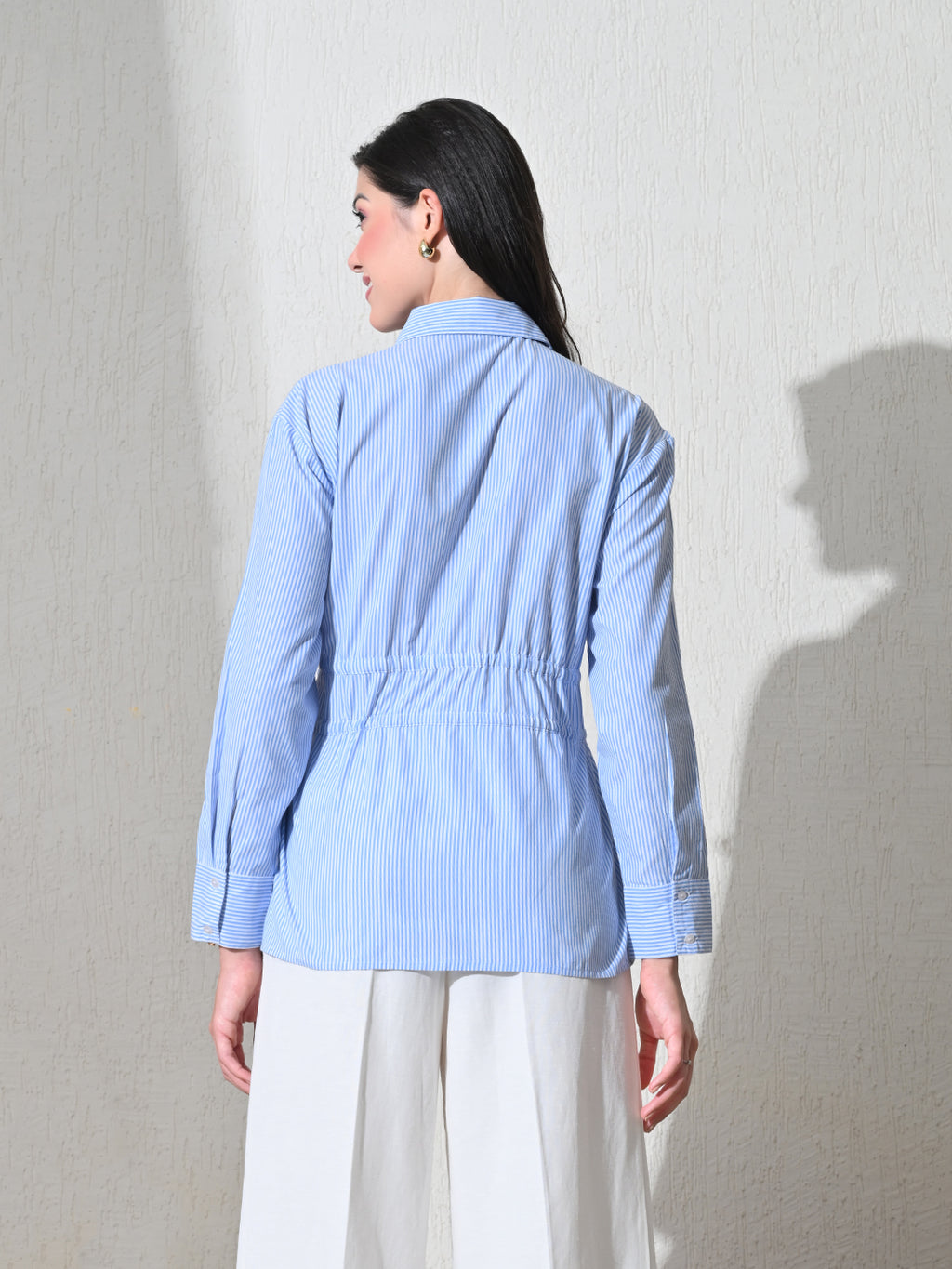 Blue White Cotton Cutaway Collar Long Sleeves Roll-Up Sleeves Striped Shirts