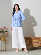 Blue White Cotton Cutaway Collar Long Sleeves Roll-Up Sleeves Striped Shirts