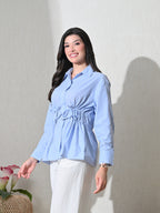 Blue White Cotton Cutaway Collar Long Sleeves Roll-Up Sleeves Striped Shirts