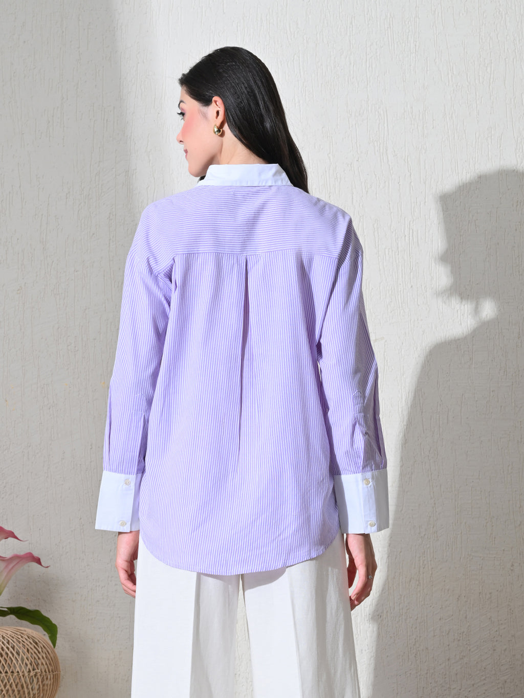 Lavender White Cotton Cutaway Collar Long Sleeves Roll-Up Sleeves Striped Shirts