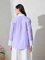 Lavender White Cotton Cutaway Collar Long Sleeves Roll-Up Sleeves Striped Shirts