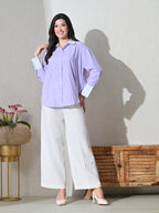 Lavender White Cotton Cutaway Collar Long Sleeves Roll-Up Sleeves Striped Shirts