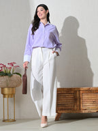 Lavender White Cotton Cutaway Collar Long Sleeves Roll-Up Sleeves Striped Shirts