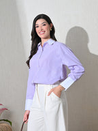 Lavender White Cotton Cutaway Collar Long Sleeves Roll-Up Sleeves Striped Shirts