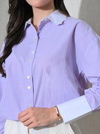 Lavender White Cotton Cutaway Collar Long Sleeves Roll-Up Sleeves Striped Shirts