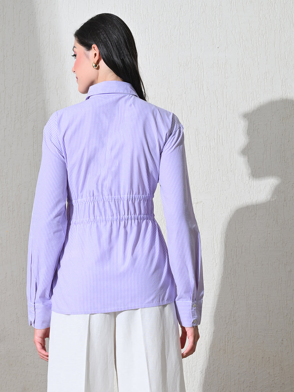 Lavender White Cotton Cutaway Collar Long Sleeves Roll-Up Sleeves Striped Shirts