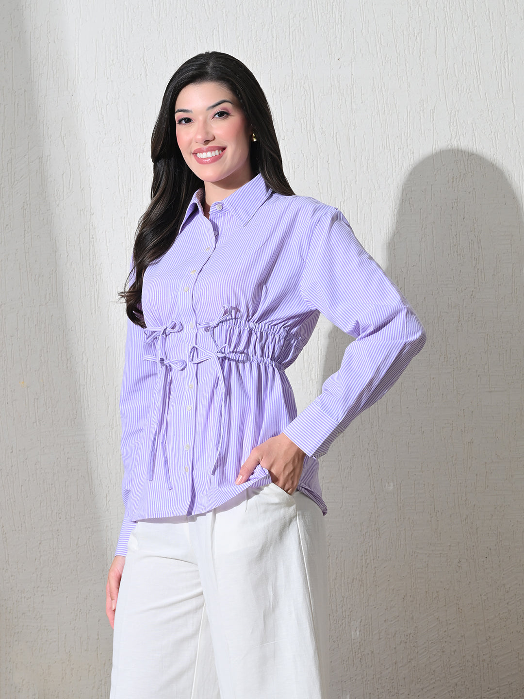 Lavender White Cotton Cutaway Collar Long Sleeves Roll-Up Sleeves Striped Shirts