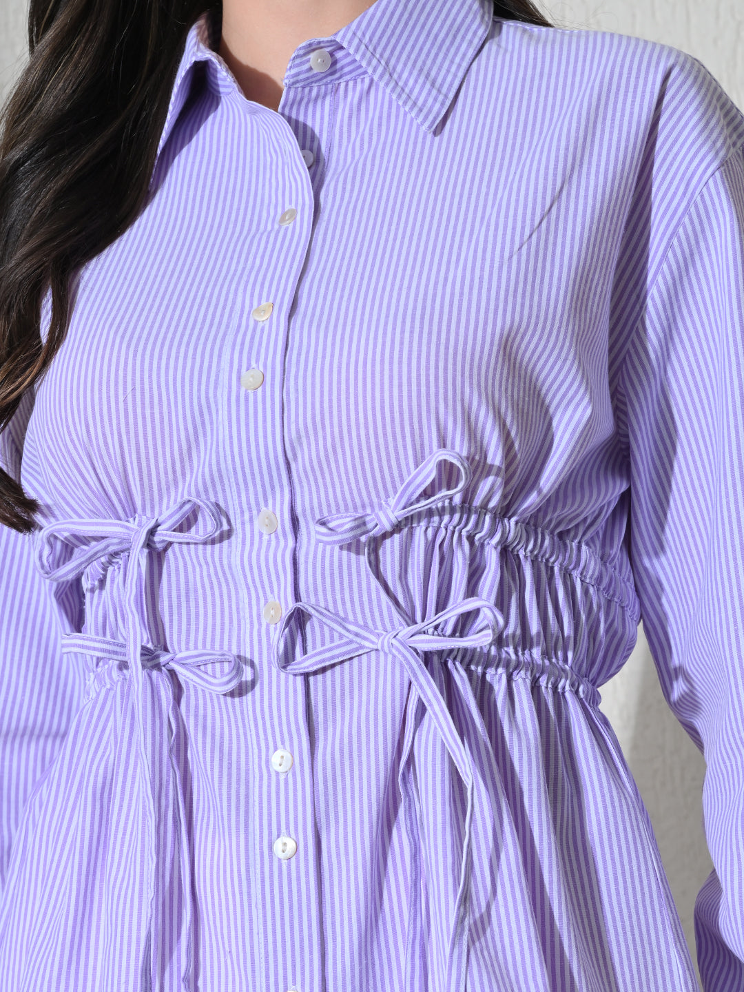 Lavender White Cotton Cutaway Collar Long Sleeves Roll-Up Sleeves Striped Shirts